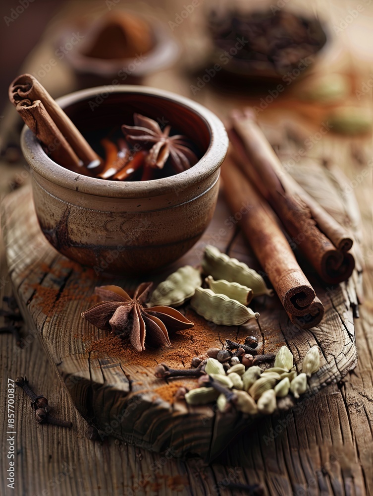 Close-up of various spices, including cinnamon sticks, cardamom pods, cloves, and star anise, arranged on a rustic wooden surface. Generative AI Close-up of various spices, including cinnamon sticks, cardamom pods, cloves, and star anise, arranged on a rustic wooden surface. Generative AI