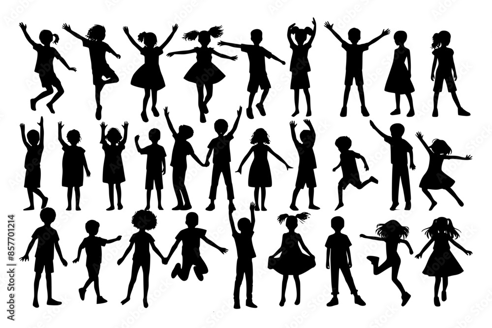 A vectorized silhouette of kids playing. A vectorized silhouette of kids playing.
