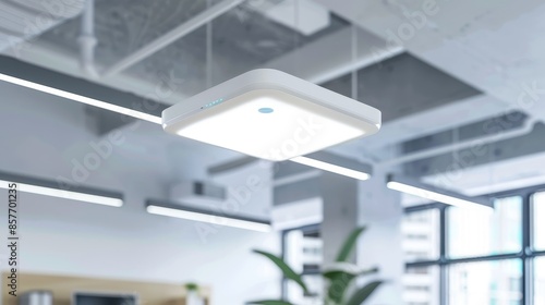 Ceiling-mounted wireless access point with sleek design, status lights in focus, modern office backdrop