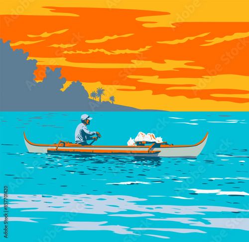 Filipino Fisherman Paddling Outrigger in Subic Bay Zambales Philippines WPA Poster Art