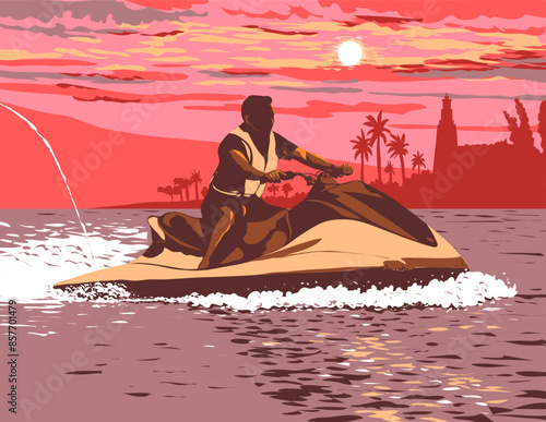 
WPA poster art of male tourist riding jet ski along the northern coast of Subic Bay in Subic located in Zambales, Philippines done in works project administration or federal art project style.
