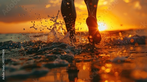 runners legs and feet making a splash in a water. Marathon runner's feet splashing in the sunrise water