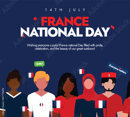France National Day. 14th July Happy Bastille Day or France National Day greeting social media web banner design template with a group of diverse people with French Flags stock illustration.