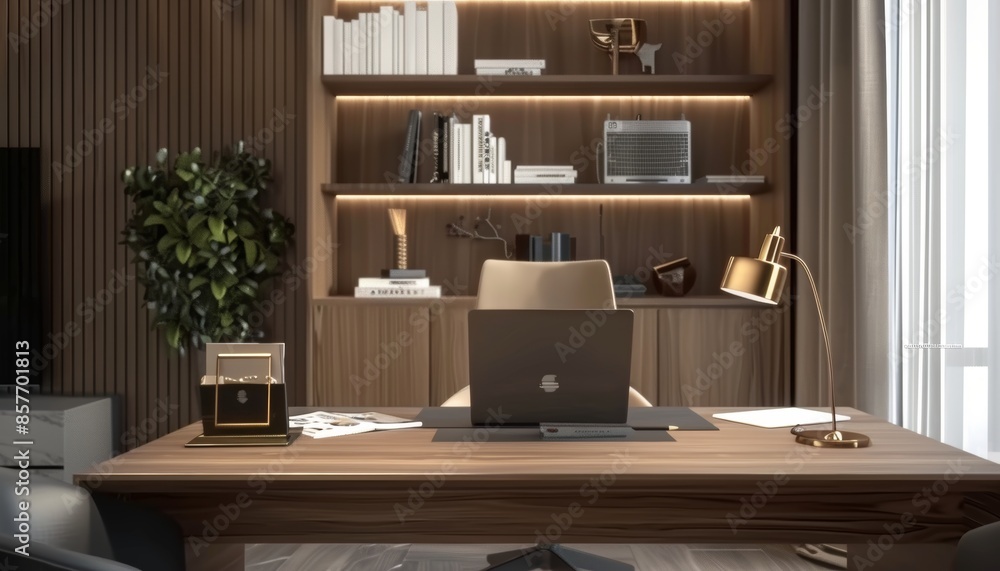 Modern cozy office workspace with laptop, books, and documents for home or apartment Modern cozy office workspace with laptop, books, and documents for home or apartment