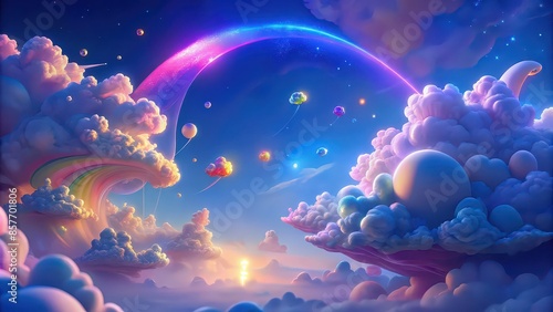 Whimsical of a cloudy sky with a rainbow, pink fantasy elements, and a blue backdrop, perfect for anime and game designs, , clouds, rainbow, blue sky, fantasy, pink, anime, game