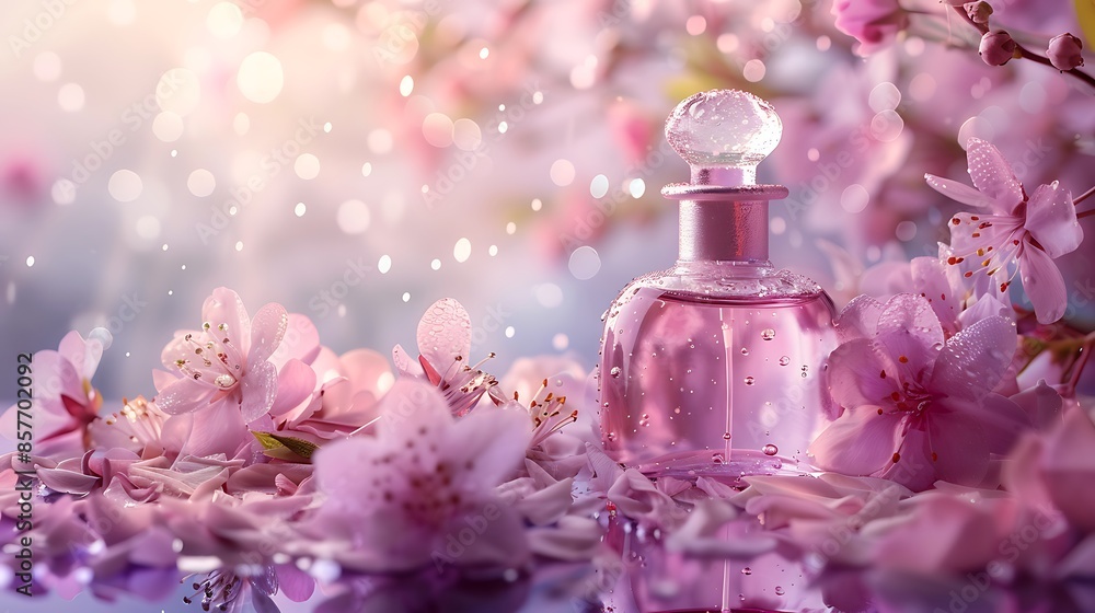 Background with perfume water drops and flowers selective focus Background with perfume water drops and flowers selective focus