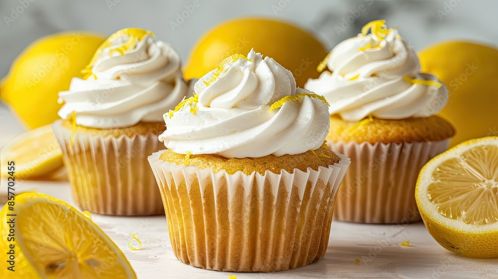 Tasty delicious lemon cream cupcake with lemon zest on light background Tasty delicious lemon cream cupcake with lemon zest on light background