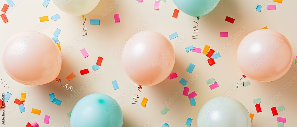 Light pink pastel balloons and colorful confetti on a soft cream background Light pink pastel balloons and colorful confetti on a soft cream background