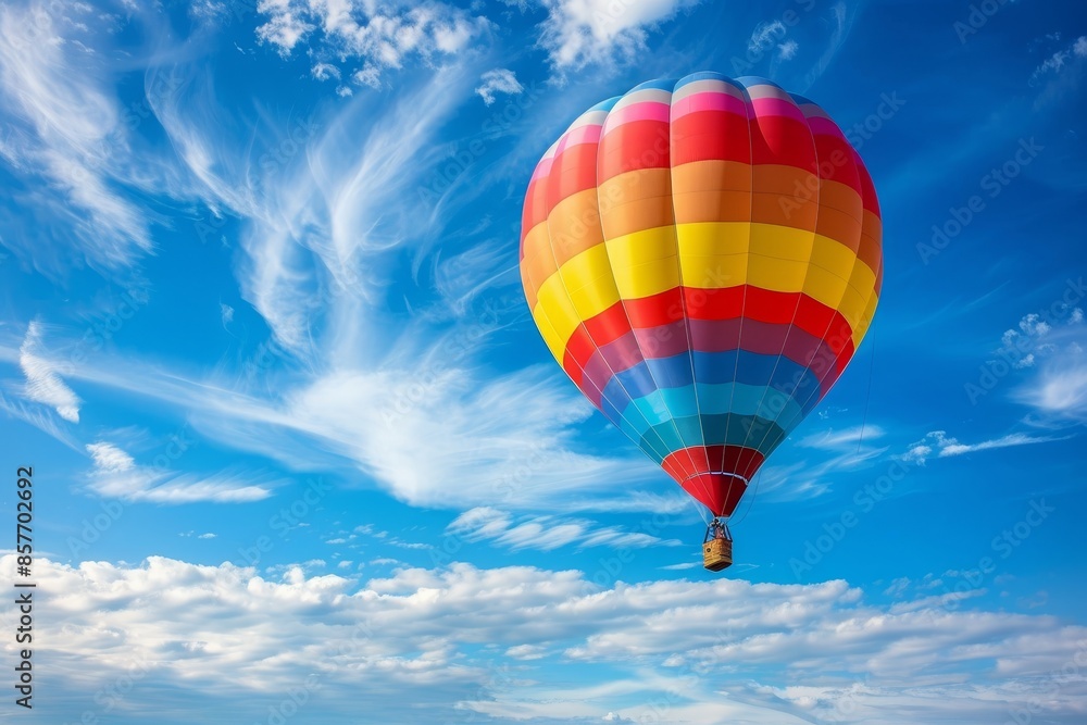 Naklejka premium Colorful hot air balloon ascending high in clear blue sky, perfect for adventurous escapades