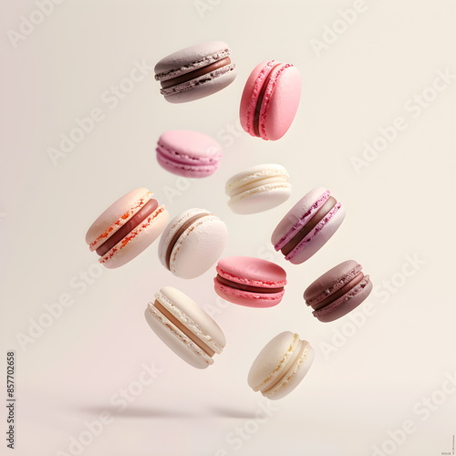 Wallpaper Mural Colorful different flavors of macaroons flying isolated on white background. French macaron cookies floating isolated. Vanilla, raspberry and strawberry flavors of macaroons. Torontodigital.ca