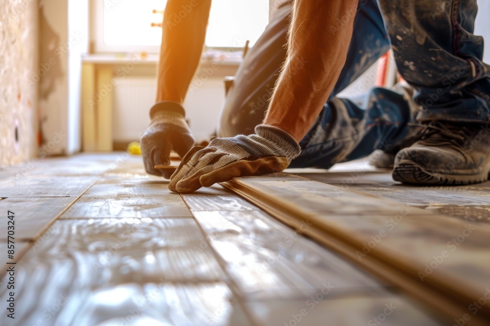 Worker installing parquet flooring in stylish home, hands with tools, bright interior scene Worker installing parquet flooring in stylish home, hands with tools, bright interior scene