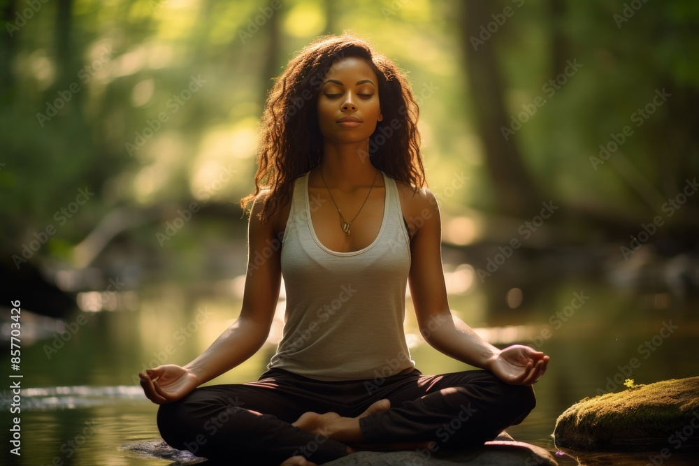 Woman Meditates in Tranquil Forest Setting During Summer Morning Woman Meditates in Tranquil Forest Setting During Summer Morning