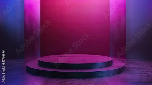 Vibrant podium stage with bold blue and pink neon lights and modern design for pressentation, empty podium photo