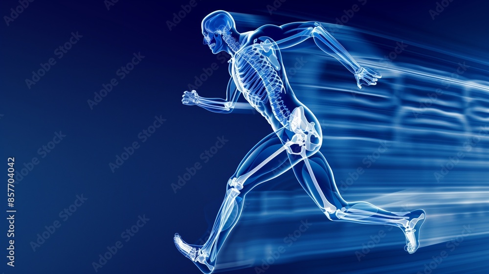 High-definition image depicting a man running overlaid with an x-ray of his skeleton, showcasing orthopedic tech. 