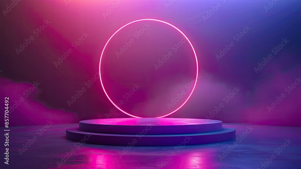 Obraz premium Vibrant podium stage with bold blue and pink neon lights and modern design for pressentation, empty podium