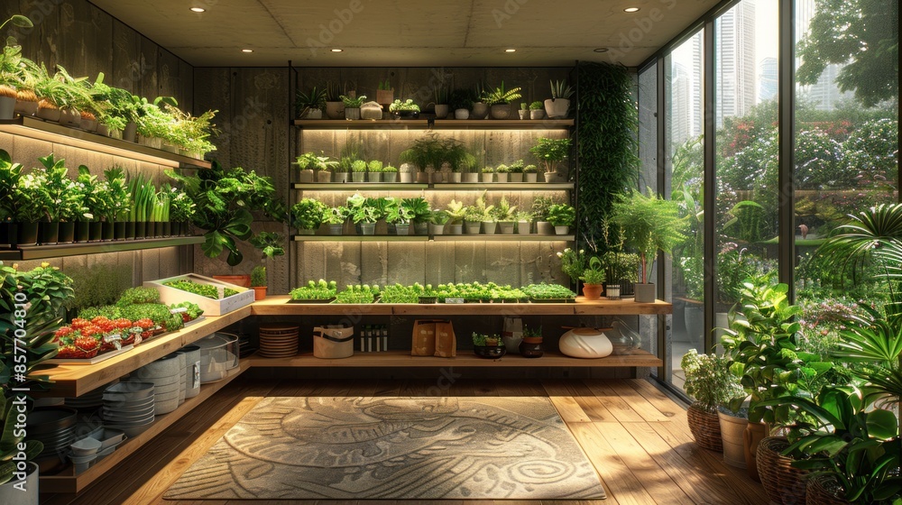 Design a detailed rendering of a modern office showcasing the use of Reverse Grow Lights in an urban agricultural setup Design a detailed rendering of a modern office showcasing the use of Reverse Grow Lights in an urban agricultural setup