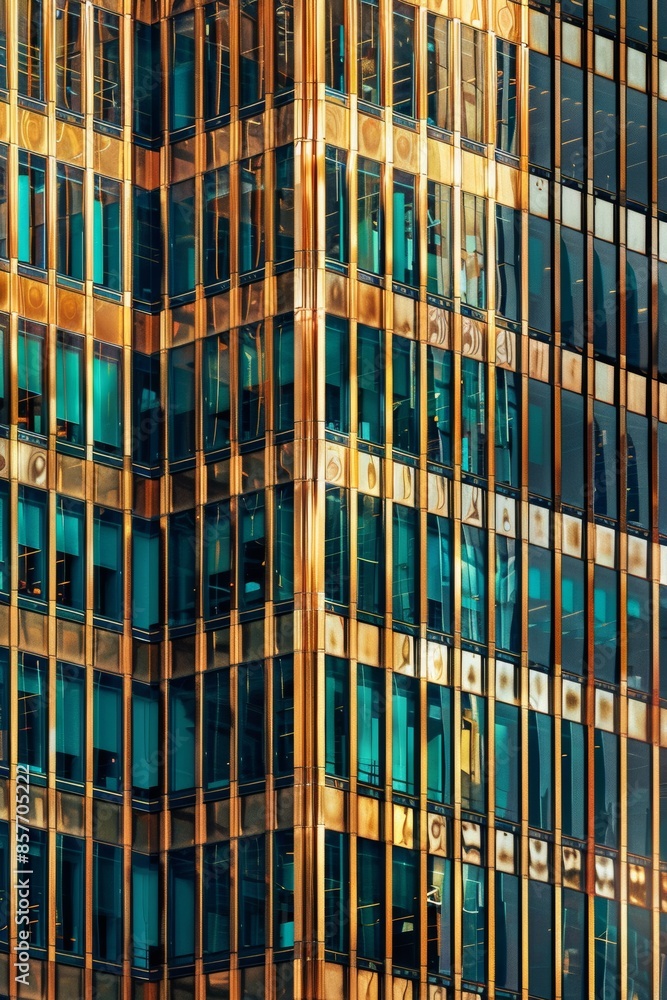 Close-up of the exterior facade of a newly renovated skyscraper, showcasing modern architectural details and glass windows reflecting the sky Close-up of the exterior facade of a newly renovated skyscraper, showcasing modern architectural details and glass windows reflecting the sky