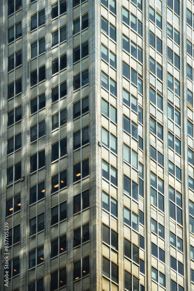 Close-up of the exterior facade of a newly renovated skyscraper, showcasing modern architectural details and glass windows reflecting the sky Close-up of the exterior facade of a newly renovated skyscraper, showcasing modern architectural details and glass windows reflecting the sky