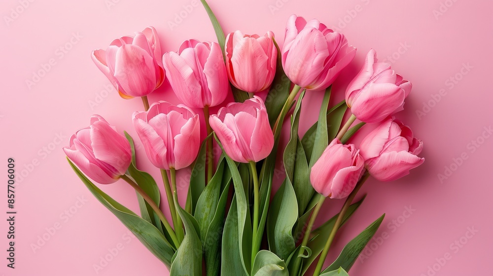Bouquet of Pink Tulips on Pastel Pink Background for Valentine's Day, Easter, Birthday | Spring Flowers Flat Lay with Copy Space Bouquet of Pink Tulips on Pastel Pink Background for Valentine's Day, Easter, Birthday | Spring Flowers Flat Lay with Copy Space