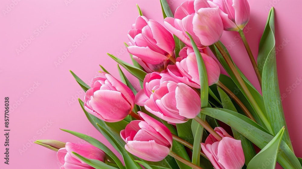 Fototapeta premium Bouquet of Pink Tulips on Pastel Pink Background for Valentine's Day, Easter, Birthday | Spring Flowers Flat Lay with Copy Space