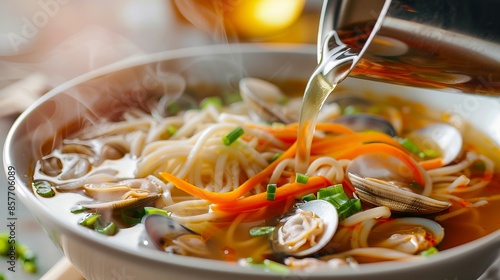 A bowl of soup with noodles and clams. photo