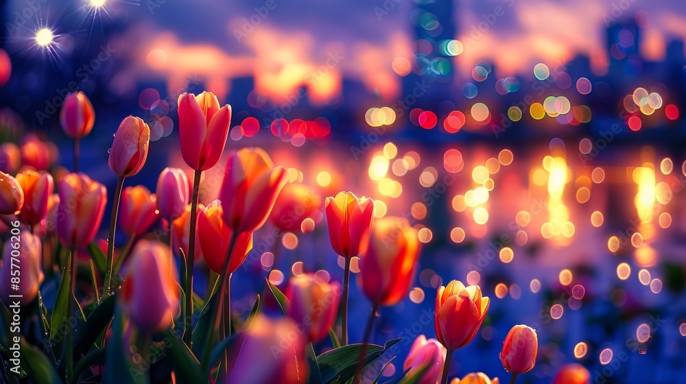 Tulips in front of a city at night. Tulips in front of a city at night.