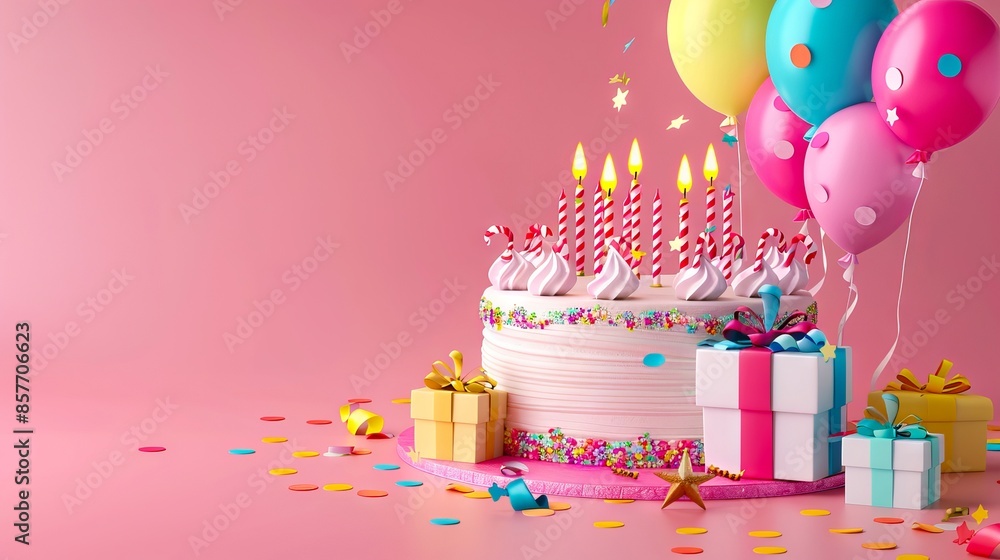 Birthday cake with candles and presents on pink background. Birthday cake with candles and presents on pink background.