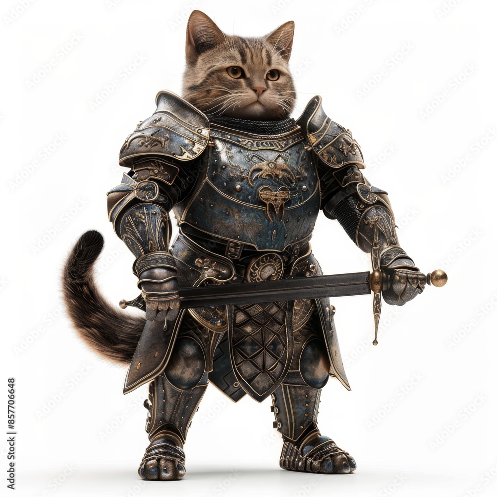 Fototapeta premium Majestic Feline Knight in Shining Armor - Medieval Fantasy Art with Metallic Tones on White Background