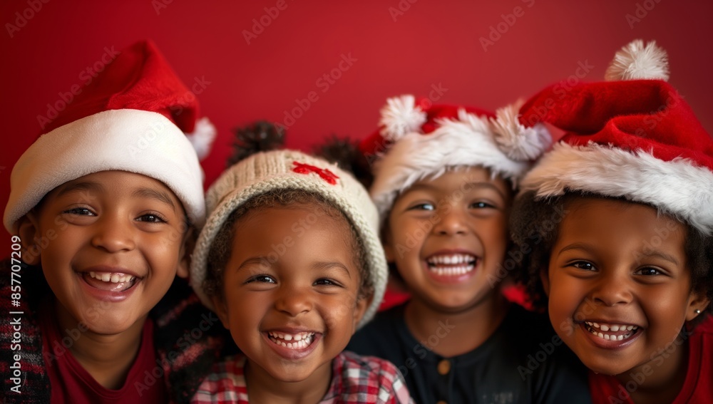 A group of cheerful children in Santa hats celebrate Christmas, radiating joy and warmth with their smiles and laughter, embodying the festive spirit of togetherness and happiness A group of cheerful children in Santa hats celebrate Christmas, radiating joy and warmth with their smiles and laughter, embodying the festive spirit of togetherness and happiness