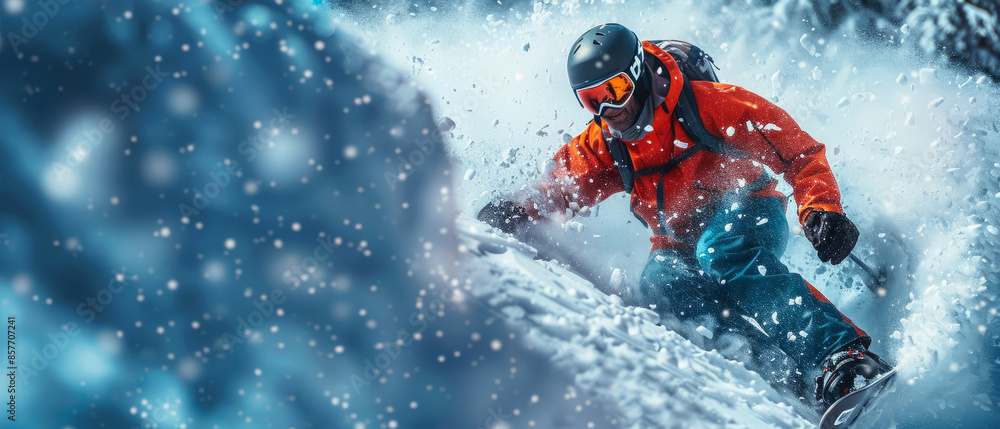 Man, active sport lover, snowboarder in motion over snowy mountains background. Tourism and travel. Concept of winter sport.generative ai Man, active sport lover, snowboarder in motion over snowy mountains background. Tourism and travel. Concept of winter sport.generative ai