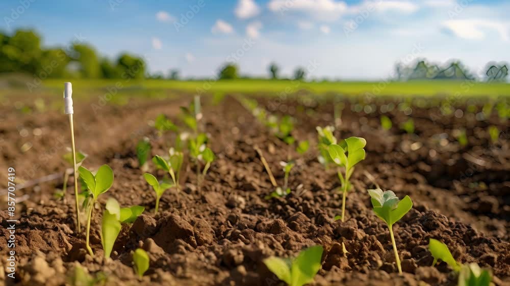 A field with moisture probes buried in the soil providing data on soil moisture levels for smart irrigation scheduling. A field with moisture probes buried in the soil providing data on soil moisture levels for smart irrigation scheduling.