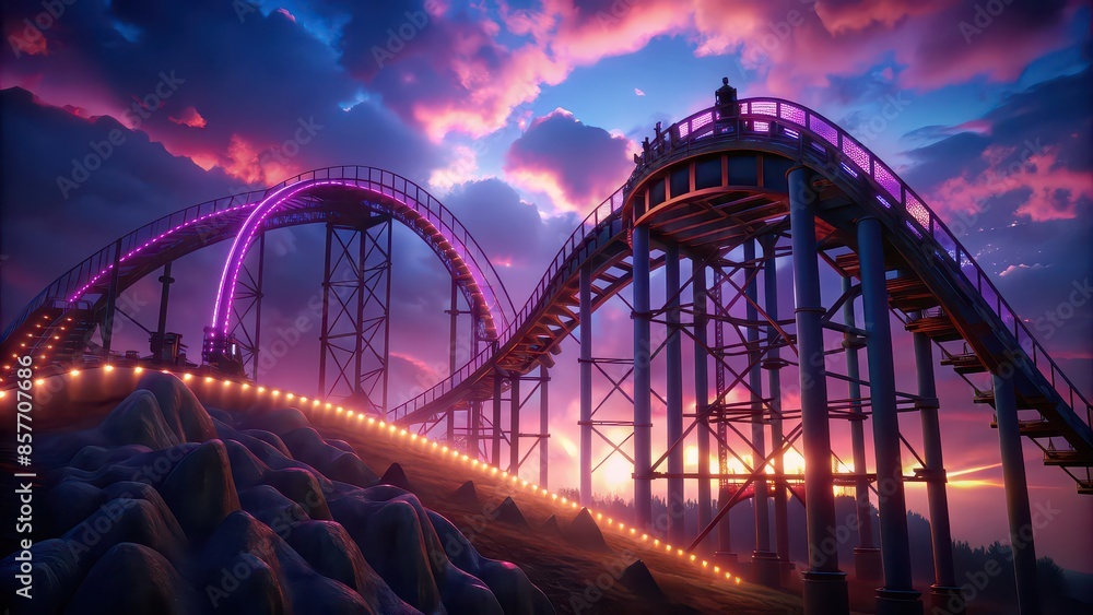 Roller coaster illuminated by neon lights at twilight , amusement park, thrill, adventure, excitement, ride, neon lights, roller coaster, amusement, park, twilight, evening, fun, outdoor Roller coaster illuminated by neon lights at twilight , amusement park, thrill, adventure, excitement, ride, neon lights, roller coaster, amusement, park, twilight, evening, fun, outdoor