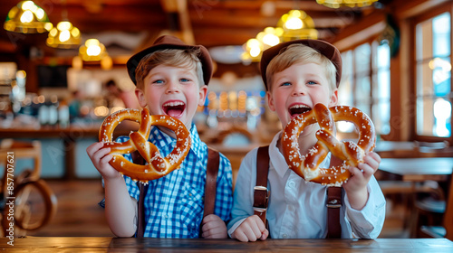 Two children have fun and goof around with large Bavarian pretzels during Oktoberfest celebrations in Germany. Hyper-realistic photo, high quality.