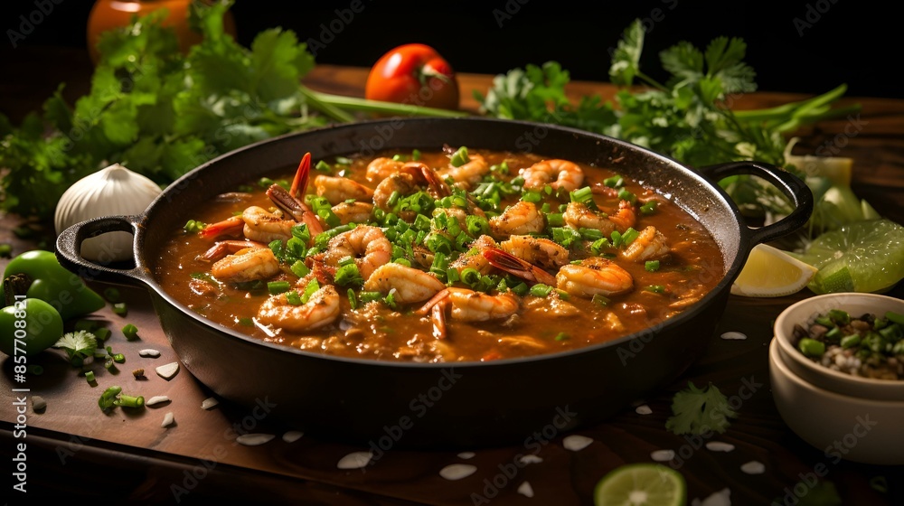 A delicious shrimp and vegetable stew simmering in a pan on a table A delicious shrimp and vegetable stew simmering in a pan on a table