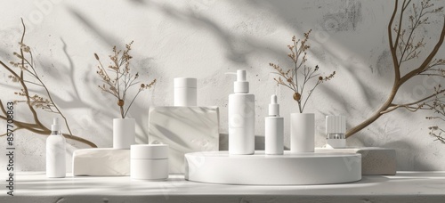 An elegant display of blank cosmetic bottles and jars on white podiums © Snowstudio
