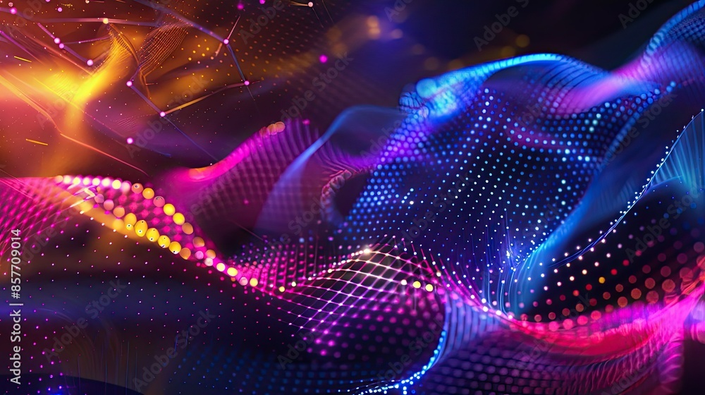 Obraz premium Abstract technology colors with hexagon wave and motion dots and lines, showcasing a futuristic design.