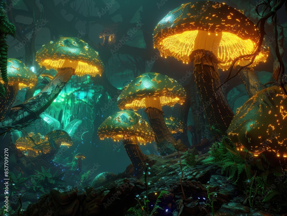 Obraz premium Enchanting Bioluminescent Forest with Glowing Mushrooms in a Mystical Nighttime Landscape