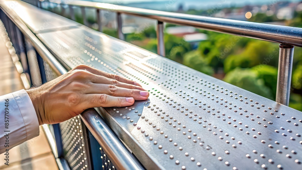 Close up of hand reading Braille inscriptions on railing for the blind ...