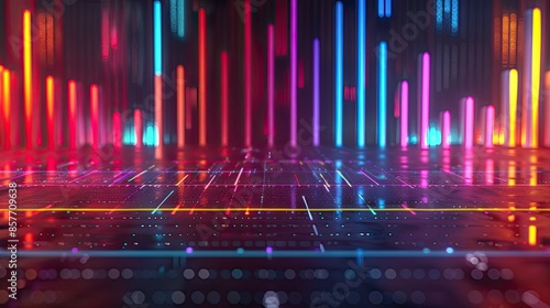 Colorful abstract equalizer with neon bars, representing advanced music and audio technology.