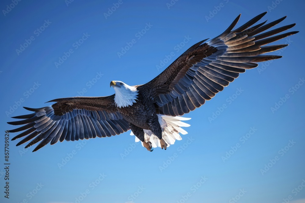 Majestic bald eagle soaring through a clear blue sky, wings spread wide, detailed feathers, sharp eyes
Majestic bald eagle soaring through a clear blue sky, wings spread wide, detailed feathers, sharp eyes