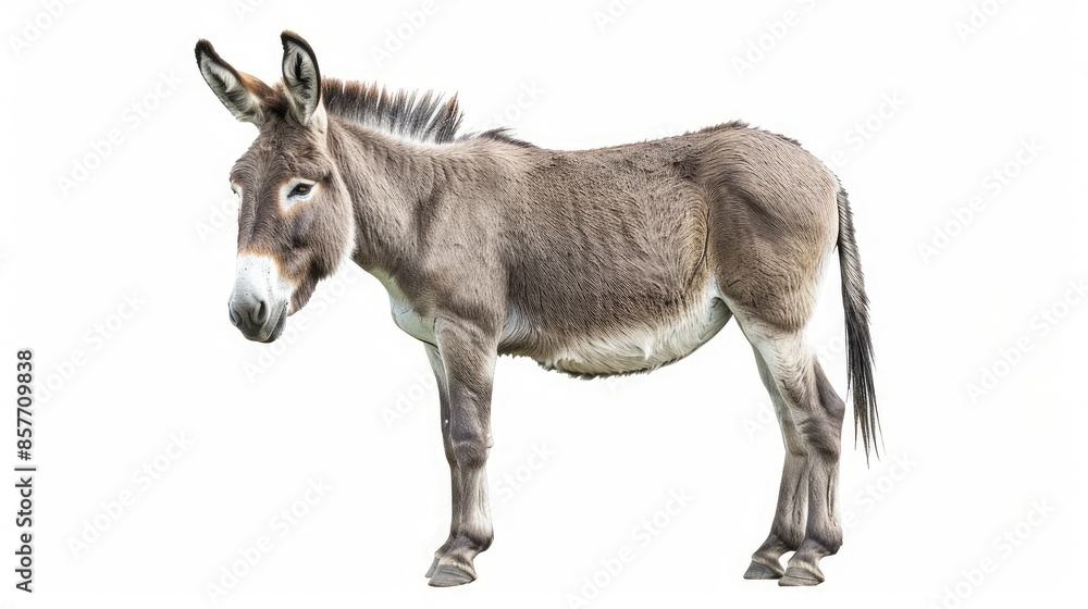 Donkey in a standing pose with tail relaxed, isolated on a white background, great for nature and wildlife themes. Donkey in a standing pose with tail relaxed, isolated on a white background, great for nature and wildlife themes.