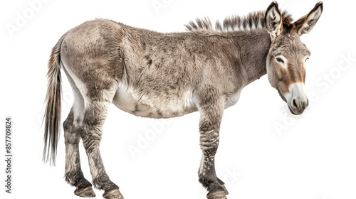 Donkey in a standing pose with tail relaxed, isolated on a white background, great for nature and wildlife themes.