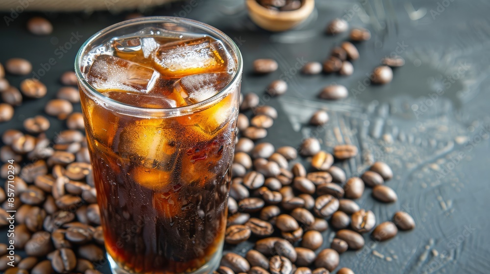 Cold Brew Coffee with Ice Cubes on a Dark Surface Cold Brew Coffee with Ice Cubes on a Dark Surface