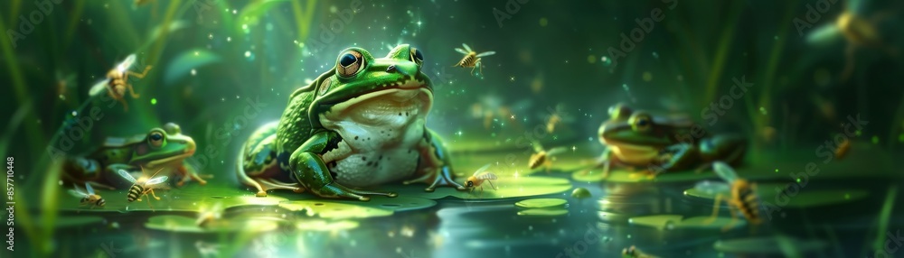 A serene scene of vibrant green frogs resting on lily pads in a tranquil pond surrounded by lush vegetation and gentle light. A serene scene of vibrant green frogs resting on lily pads in a tranquil pond surrounded by lush vegetation and gentle light.