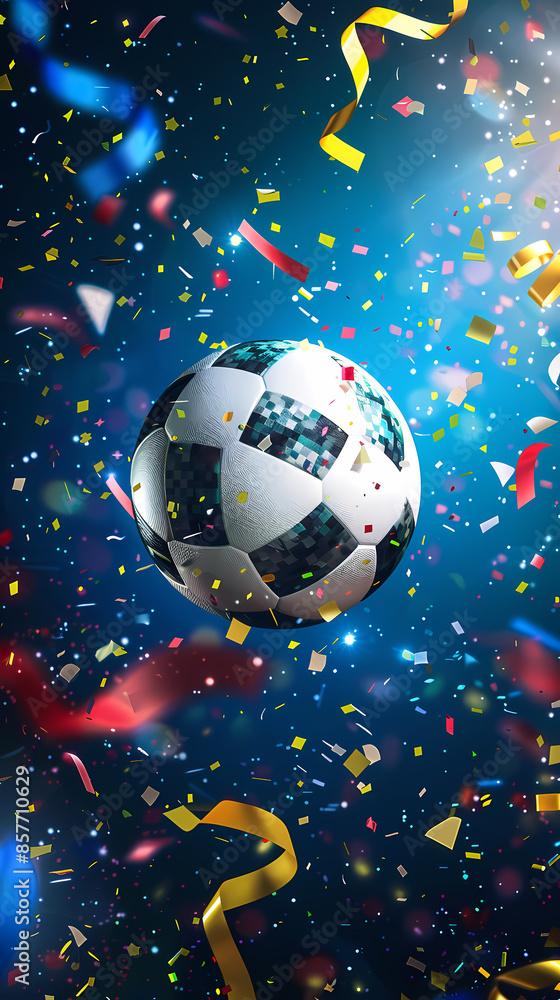 Naklejka premium Soccer ball on football field with confetti and ribbons