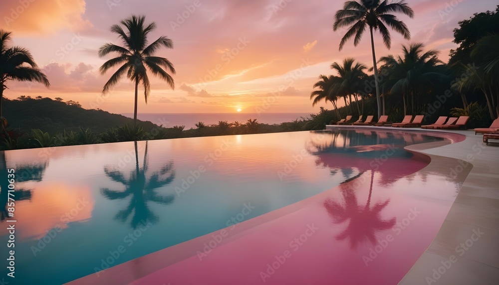 Visualize a peaceful sunset over a luxurious infinity pool, with the sky painted in shades of orange and pink, and tropical plants lining the poolside.