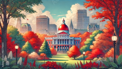 A charming autumn scene of Boston Common, trees ablaze with red and orange leaves and state house dome gleaming photo