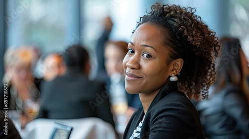 Professional woman actively listening and engaging in a networking discussion at a business event.