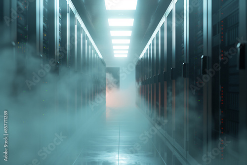 Foggy server room with a blurred data center in the background. A long corridor leads to rows of storage equipment and computers. 