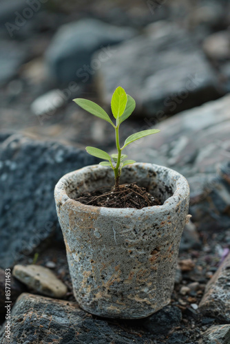 A single seed sprouting in a pot made from recycled materials 
